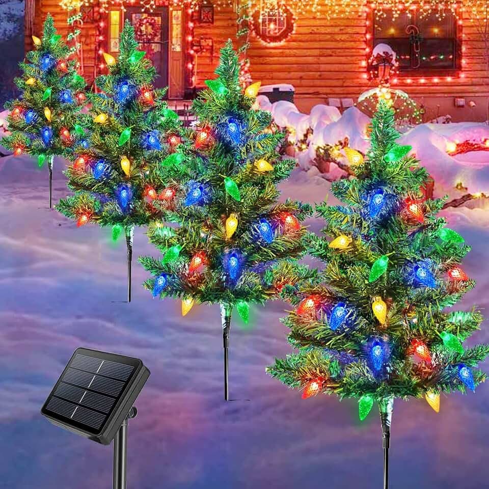 4 Set Solar Christmas Tree w/ 80pcs Multicolor C6 LED Christmas Lights for Outdoor Christmas Decorations,Solar Powered Prelit Small Christmas Tree for Holiday Outside Pathway Garden Yard Decor