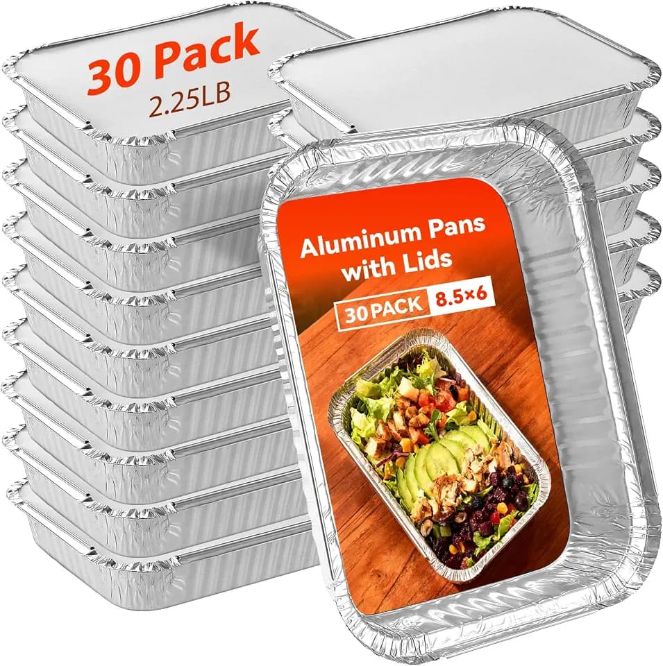 Aluminum Foil Pans with Lids - 2.25 LB To Go Food Containers Disposable Tin Foil Meal Prep Containers with Lids, 30 Pans and 30 Cardboard Covers for Baking, Freezer & Food Storage, 8.5" X 6" (30 Pack)