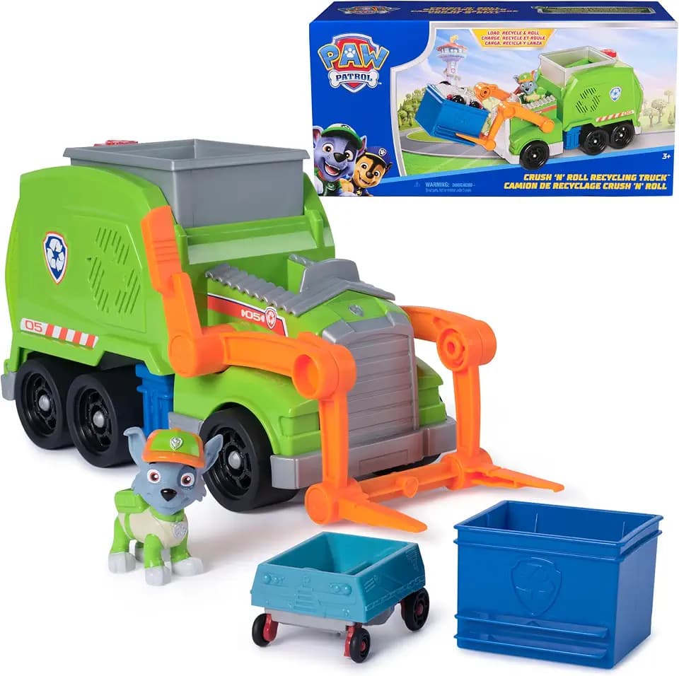 Paw Patrol: Crush N’ Roll Recycling Truck with Rocky Action Figure & Transforming Compacted Trash Vehicle, Kids Toys for Boys & Girls Ages 3 and up