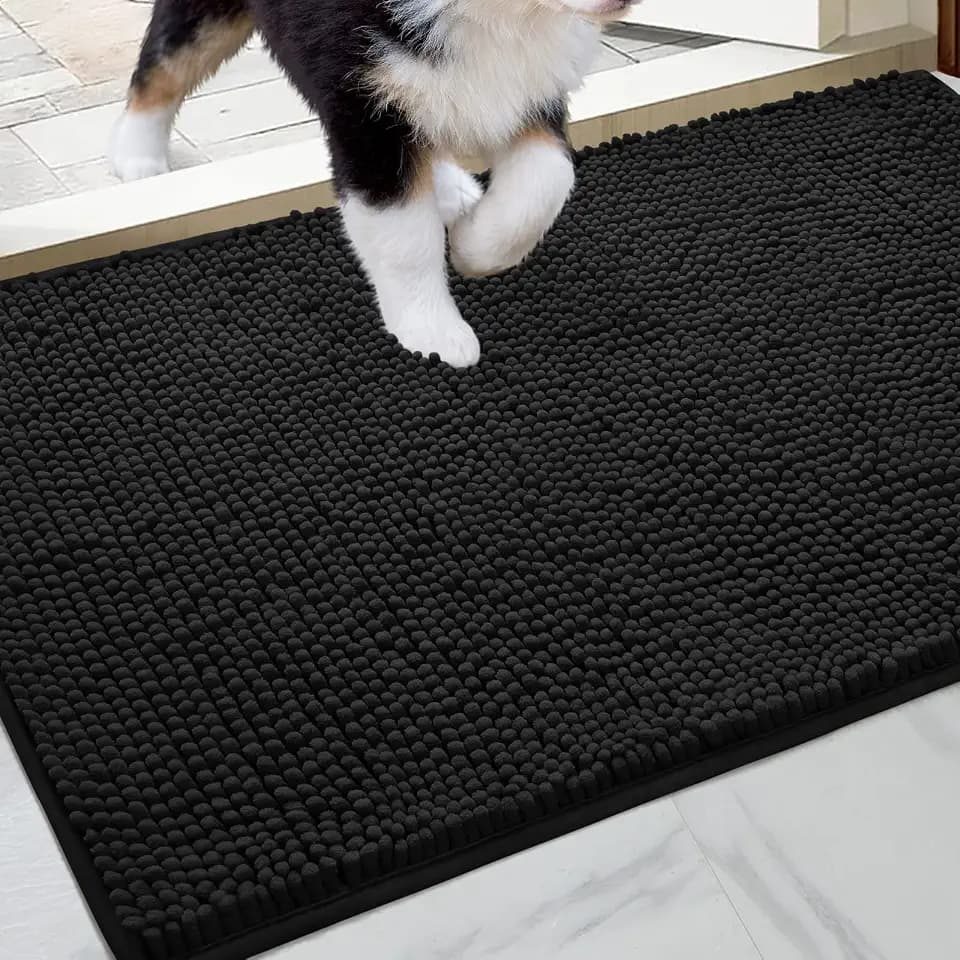 HOMEIDEAS Doormat Indoor Entrance, 36"x24", Highly Absorbent Chenille Muddy Dog Washable Non Slip Front Welcome Door Floor Mat for Entryway, Black