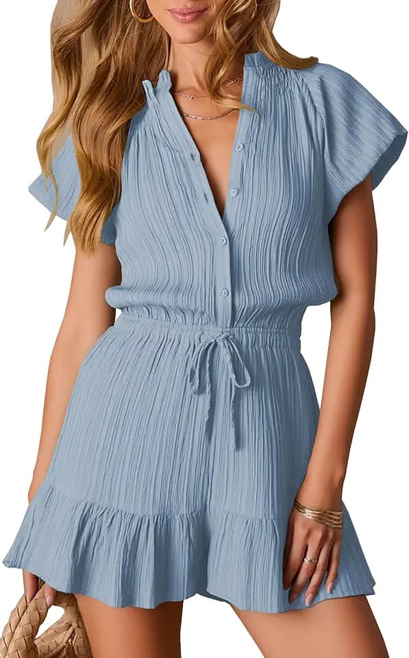 Angashion Womens Summer Shorts Rompers V Neck Puff Sleeve Casual Button Up Wide Leg Elastic Waist Jumpsuit With Pockets