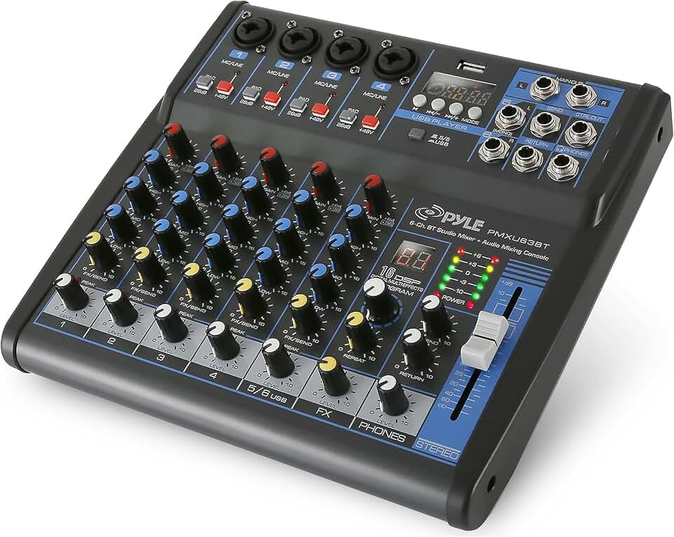 Pyle 6 Channel Bluetooth Studio Mixer - USB Computer Recording, Built-In MP3 Player, +48V Phantom Power, 16-Bit DSP FX, 3-Band EQ, XLR Combo Inputs, DJ Sound Board -PMXU63BT.5