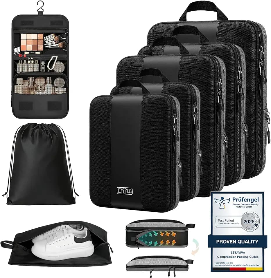 Koffer Organizer mit Kompression, 8 Stück Packing Cubes für Koffer und Rucksack – wasserabweisende Packwürfel aus recyceltem RPET, Reise Organizer für Handgepäck & Reisen