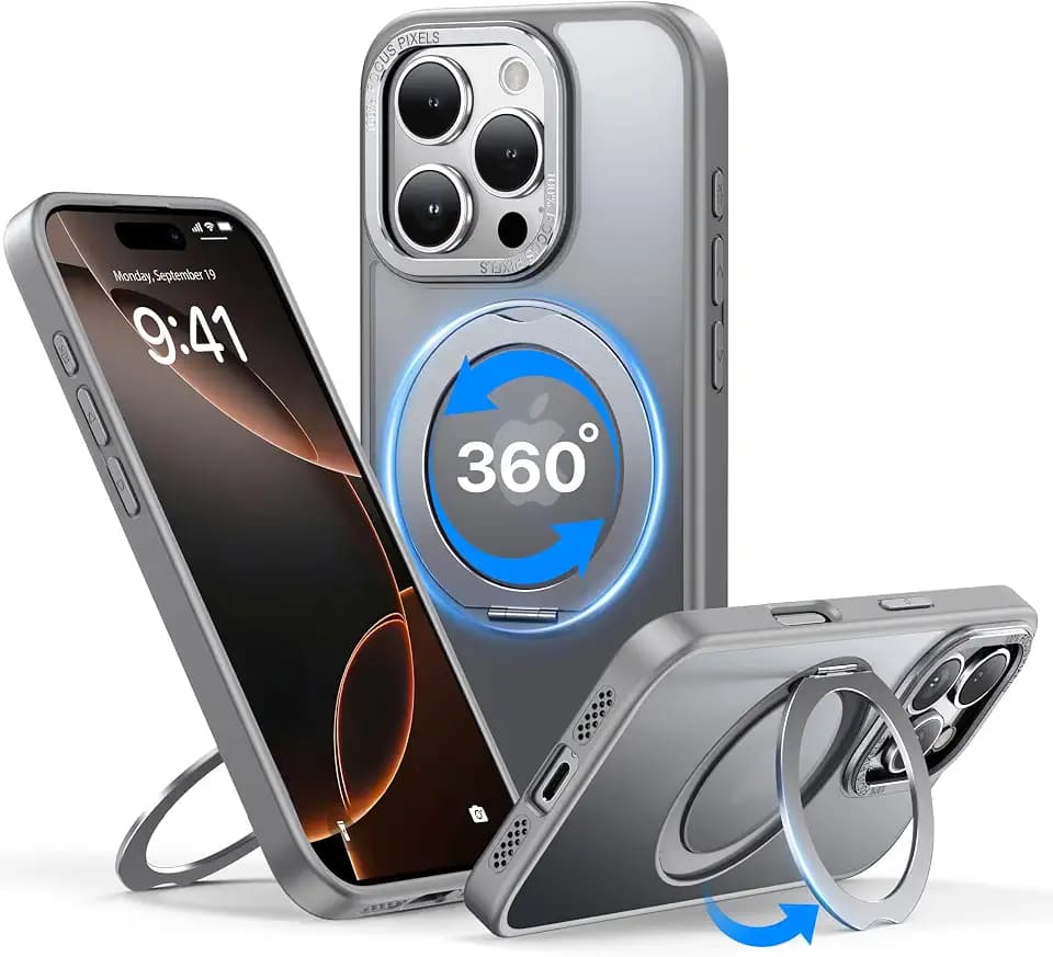 QTlier für iPhone-16 Pro Hülle, 360° Drehbare Ringständerhülle Kompatibel mit MagSafe, [Schutz in Militärqualität] [Erhöhter Kamerarahmen] Kickstand-Hülle für iPhone-16 Pro 6,1",Grau