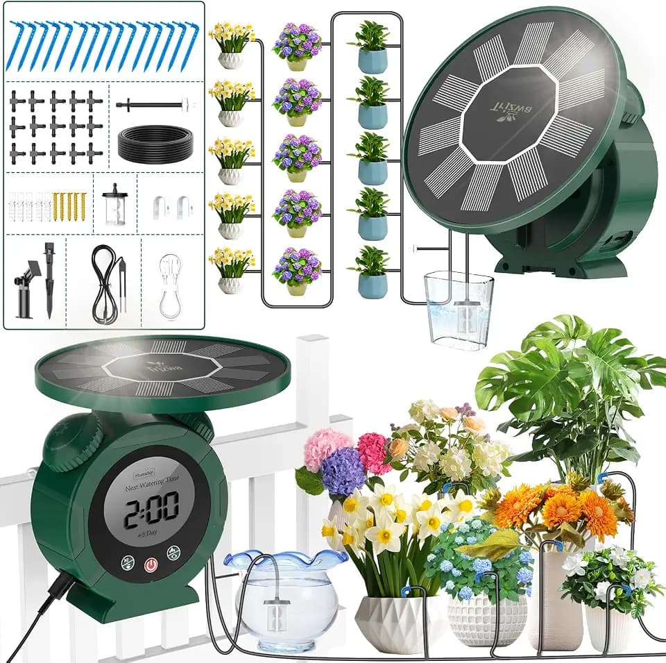 Solar Bewässerungssystem für die Gartenterrasse mit Feuchtigkeitsdetektor, Solarer Automatischer Bewässerungssystem Bewässerungscomputer kann 15 Töpfe von Pflanzen Bewässern