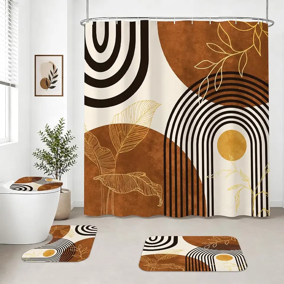 4Pcs Mid Century Bathroom Sets with Shower Curtain and Rugs,Caramel & Beige