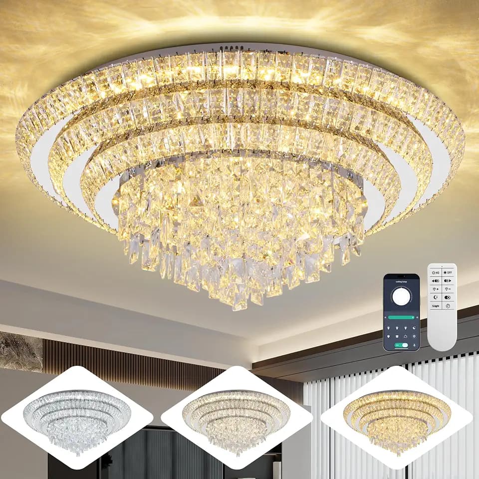 30" Crystal Ceiling Light Flush Mount With Remote and APP Control Silver