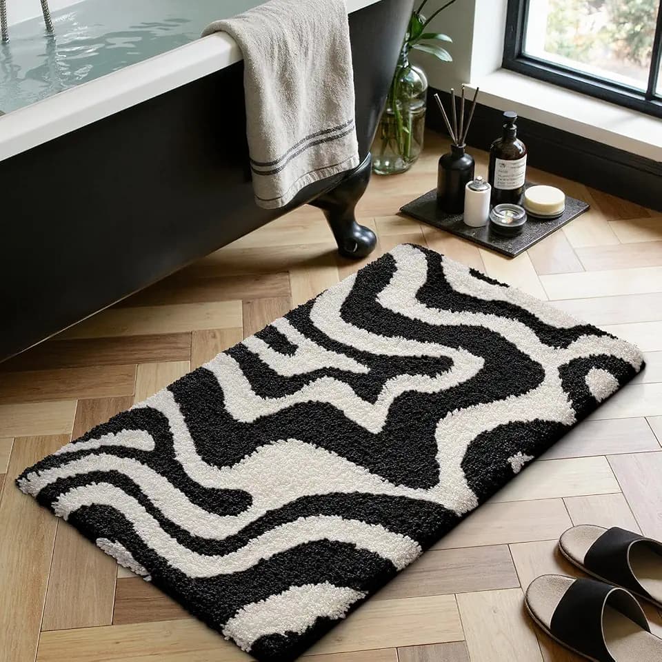 LUMI Non Slip Zebra Print Bathroom Rug, Black and White, 20x32