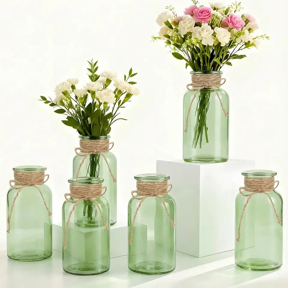6 Pack Mason Jar Vases for Centerpieces, Green Glass Flower Vase