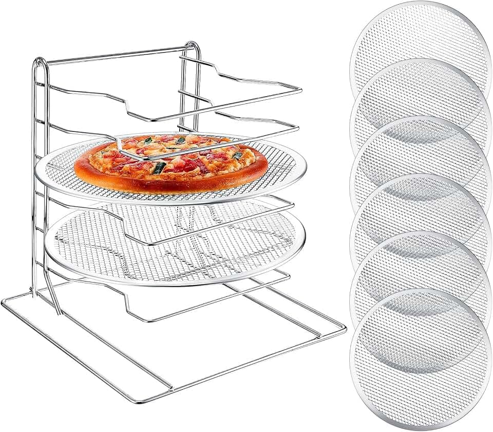 Zhehao Pizza Rack 6 Tiered Stand 13.4'' H x 12'' L x 12'' W and 6 Pcs 12'' Pans with Holes, Aluminum Baking Set for Easy Storage and Baking Multiple Pizzas
