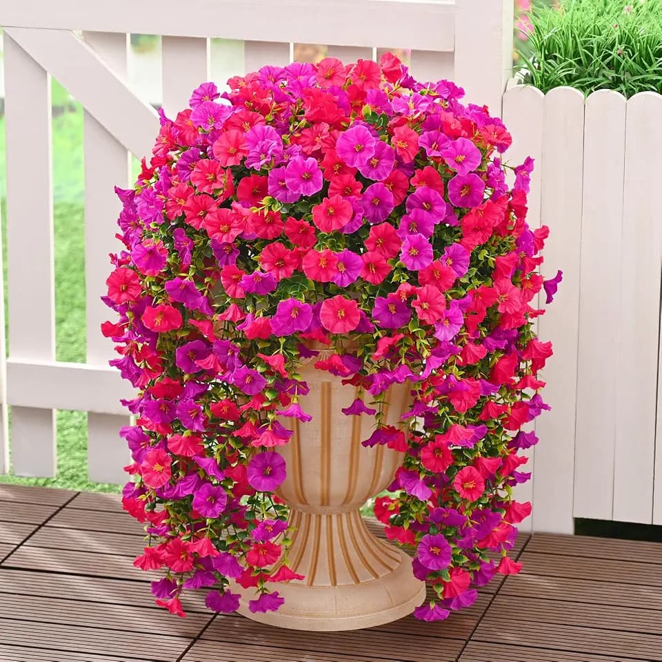 Dolicer 2 Packs Look Real Artificial Flowers for Outdoors, Fake Artificial Hanging Flowers for Outdoors Realistic UV Resistant Faux Hanging Flowers Silk Petunia for Porch Patio (Fuchsia+Rose Red)