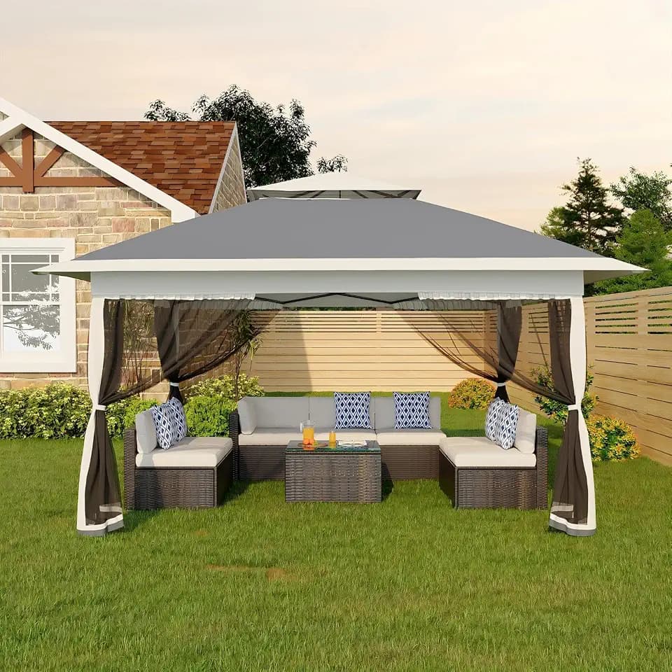 GarveeLife Canopy Tent 13x13 ft, Pop Up Gazebo One-Push Setup with 4 SandBags for Backyard Parties and BBQs, Mosquito Netting & Height Adjustable - Grey