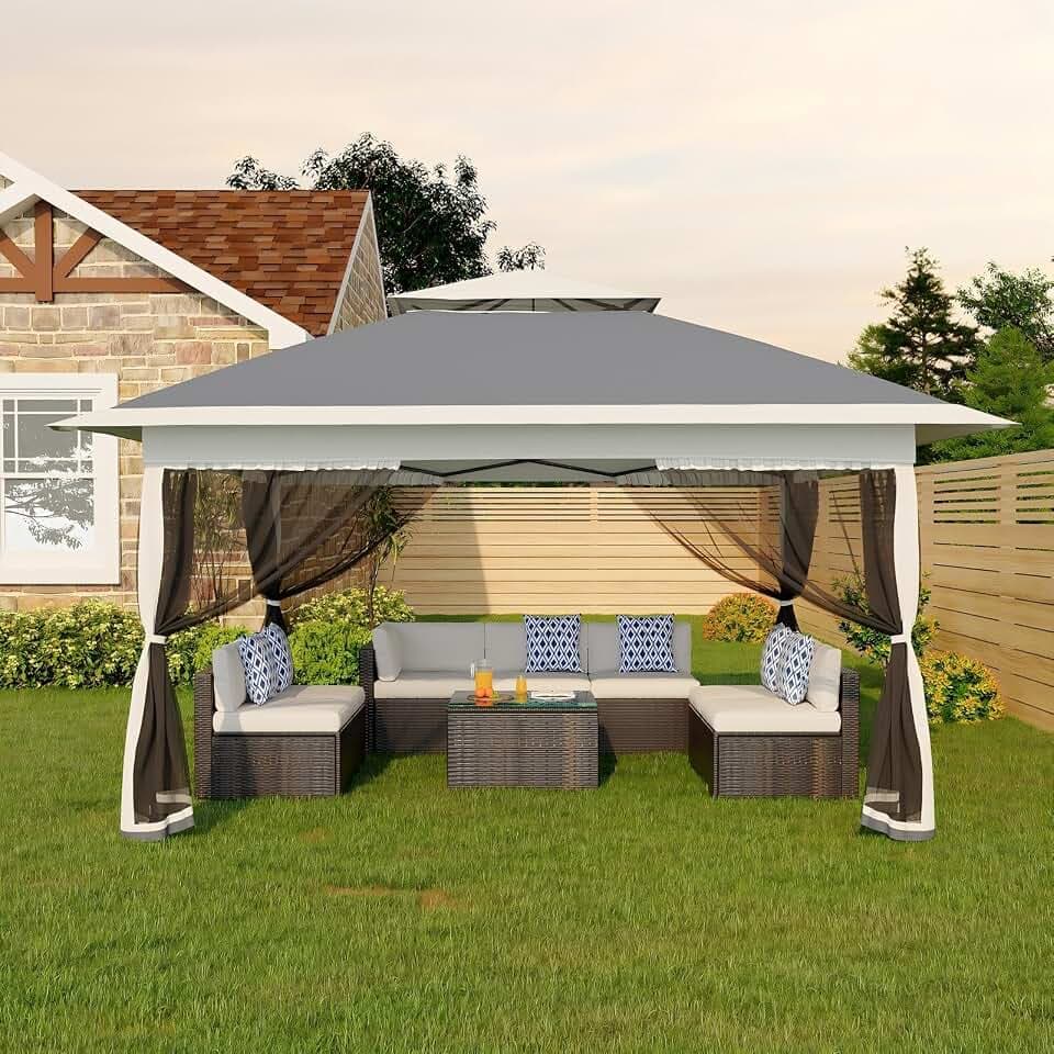 Canopy Tent 13x13 ft, Pop Up Gazebo One-Push Setup with 4 SandBags for Backyard Parties and BBQs, Mosquito Netting & Height Adjustable - Grey