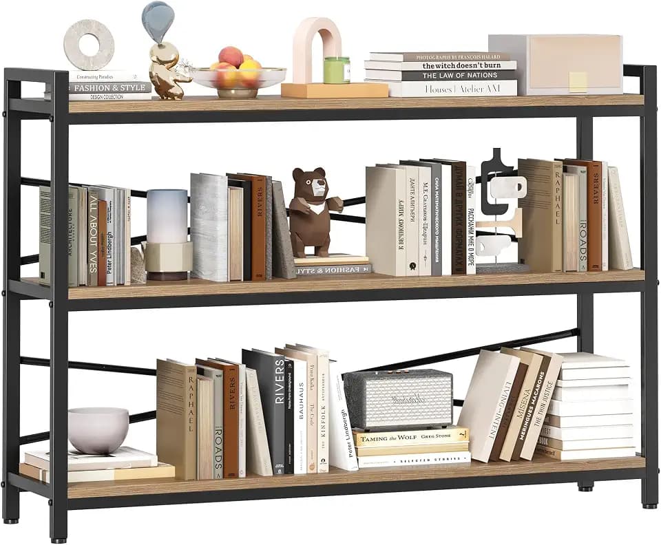 3 Tier Bookcase 47.24" Width, Long Industrial Book Shelf, Vintage Wooden Large Book Shelf for Home Living Room Bedroom Office Storage(Light Coffee)