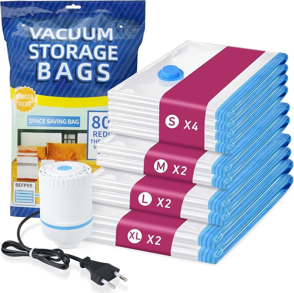 Vakuumbeutel für Kleidung mit Elektrische Luftpumpe, 10 Vacuum Bags for Clothing (4 S, 2 M, 2 L, 2 XL), ideal für die Aufbewahrung von Reisen,Kleidung und Bettdecken