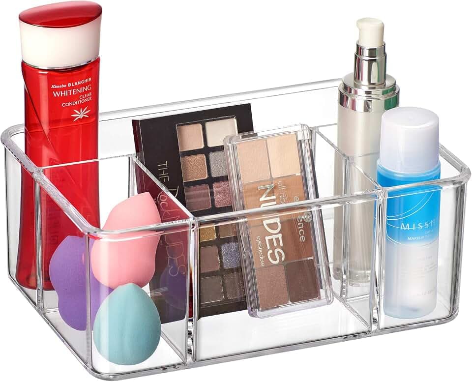 Amazing Abby - Glamour - Acrylic 5-Compartment Makeup Organizer (1-Pack), Transparent Plastic Beauty Supply Holder, Perfect Bathroom Vanity Storage for Makeup Palettes, Makeup Brushes, and More