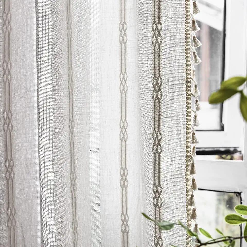 Deeprove Boho Curtain 96 Inches Long for Bedroom, Sheer Ivory Cotton Linen White Stripes Embroidery Shabby Chic Hollow Geometric, Semi Blackout Window Vintage Drape Tassels, 1 Panel W52 x L96