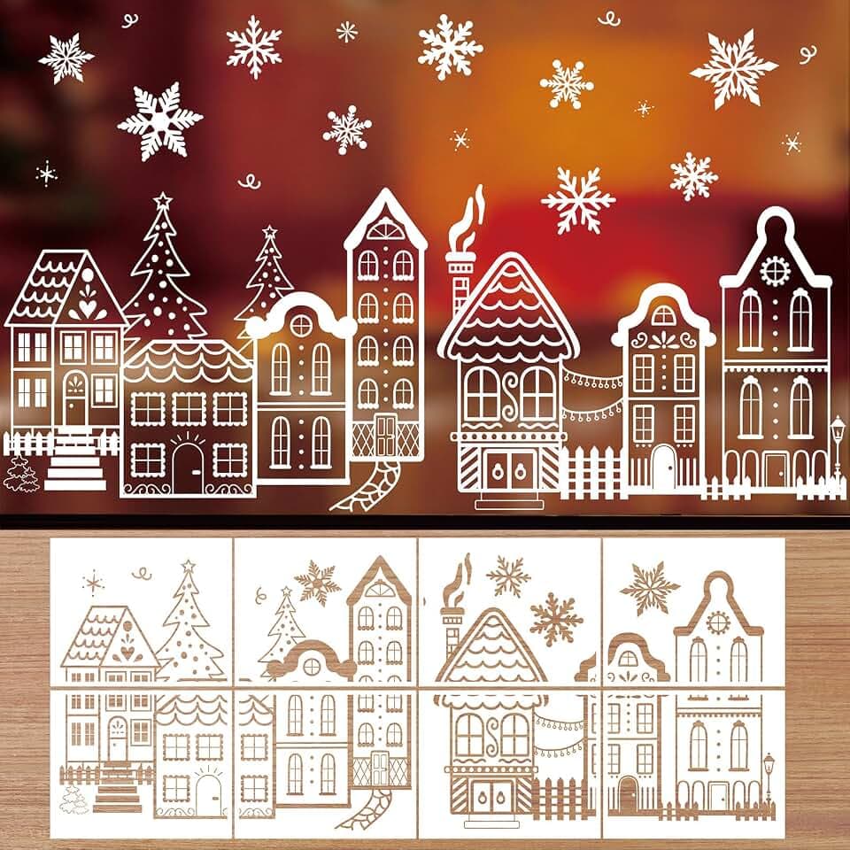 Whaline 8Pcs Christmas Stencils for Window Glass Reusable Xmas Town House Snowflake Plastic Drawing Templates for Winter Holiday DIY Painting Wood Fabrics Wall Home Decor