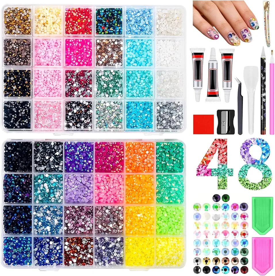48000 Stück Strasssteine, 48 Farben Glitzersteine with 2 Pen für Basteln