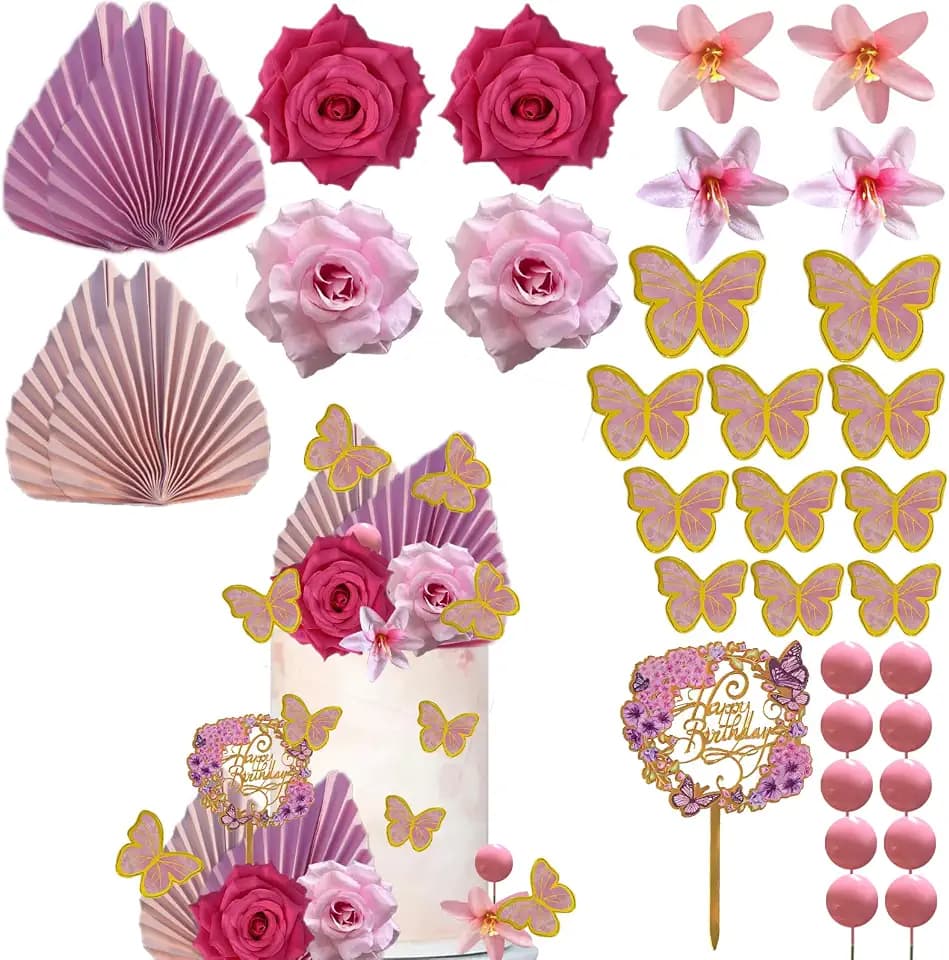 34Pcs Flower Cake Toppers Happy Birthday Cake Toppers Butterfly Artificial Rose Flowers Palm Leaves and Balls Cake Decorations for Wedding Bridal Birthday Party Supplies(Pink)