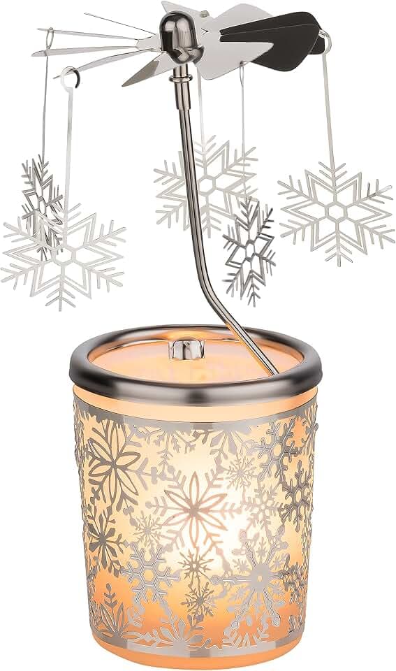 MaMeMi WEIHNACHTLICHES WINDLICHT/Teelichtkarussel aus Glas, Windlicht- Karussell [Motiv Schneeflocke] Höhe 15 cm insgesamt, Teelicht inklusive