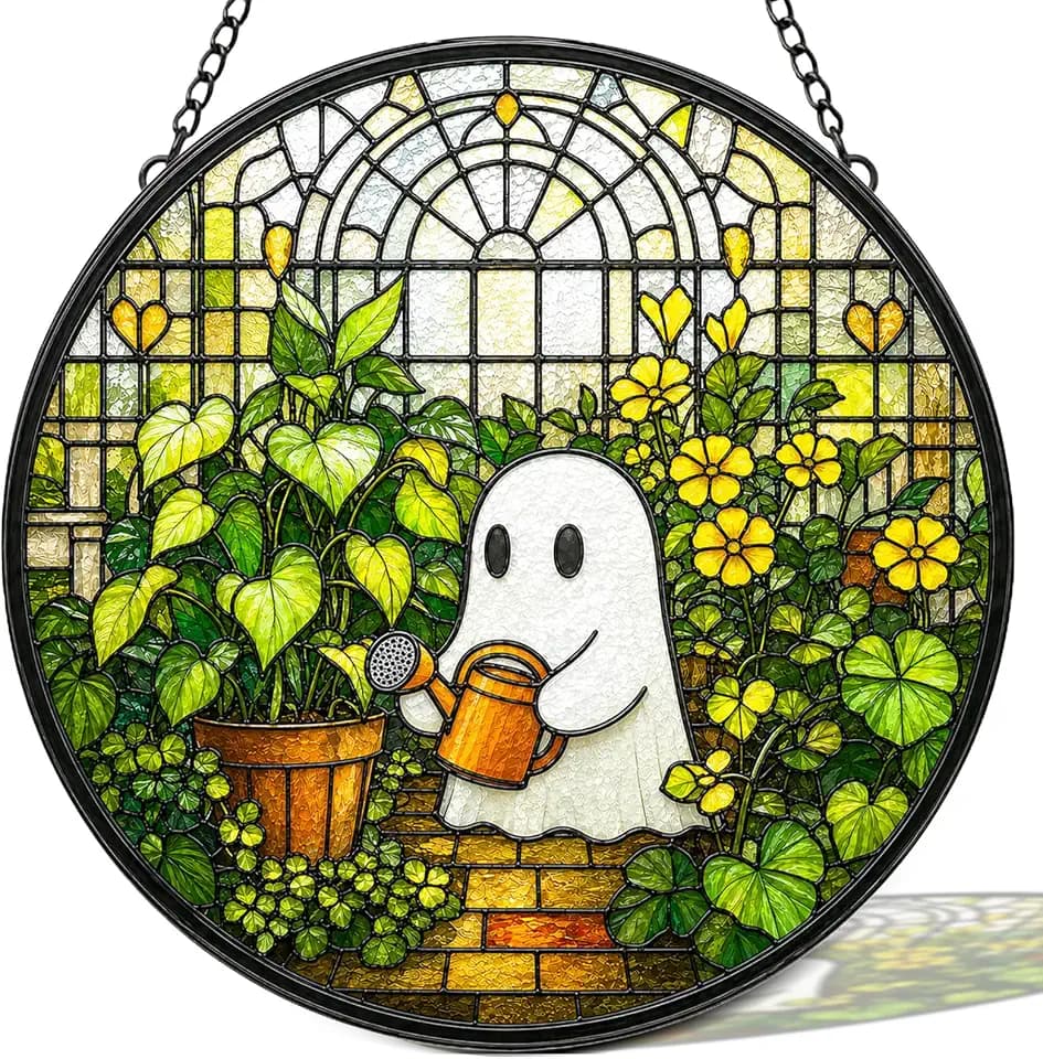 MXJSUA Halloween Greenhouse and Ghosts Stained Glass Suncatchers for Window Hanging Ornament, Sun Catcher Stain Glass Hanging for Window Door Garden Home Decor Gifts 20x20cm/7.87inch