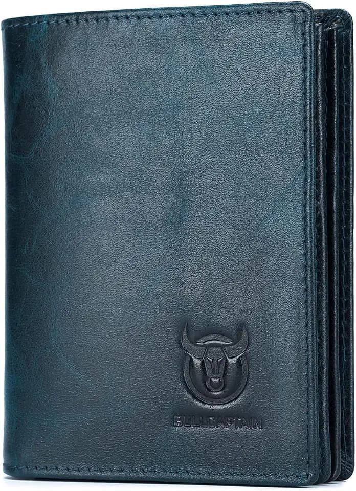 BULLCAPTAIN Genuine Leather Men Wallets RFID Blocking Large Capacity Front Pocket Bifold Wallet with ID Window QB-028 (Teal)