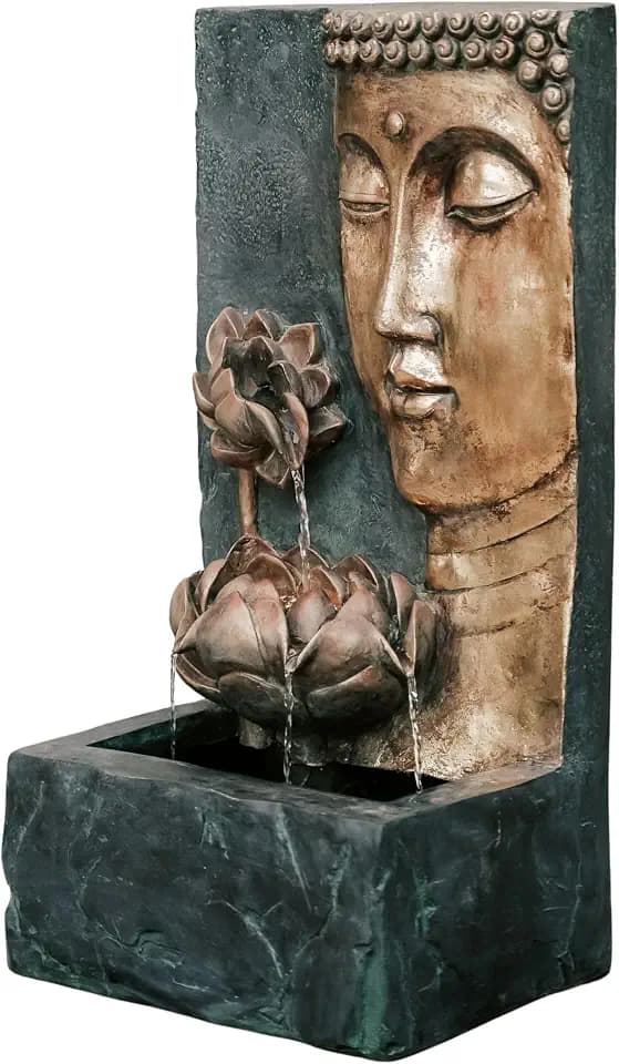 XBrand 30" H Zen Buddha Face Water Fountain w/LED Light & Pump, Indoor/Outdoor Freestanding, Relaxing Zen Décor, Bronze and Natural Grey Polyresin Fountain for Home Patio Garden Backyard