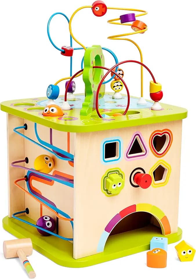 Hape Motorikwürfel „Kleine Tierchen“ - aus Holz, Multifunktions-Spielwürfel, Lernspielzeug aus Holz für Kleinkinder, fünfseitiges Busy Board, Montessori Spielzeug für Kinder ab 1 Jahr
