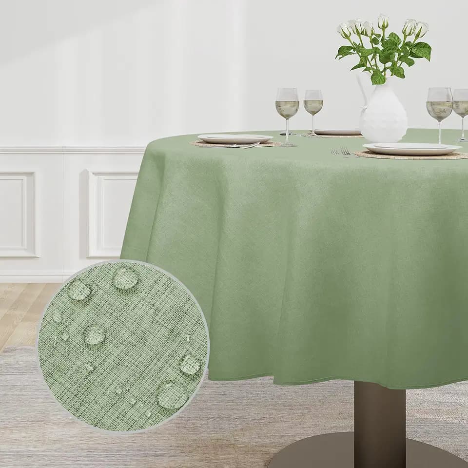 Easy-Going Waterproof Faux Linen Table Cloth, 70 in-Round, Sage Green