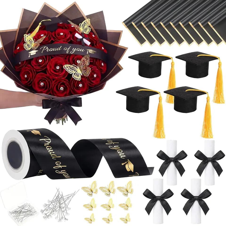 Gilprop 56 Pcs Graduation Flower Bouquet Floral Wrapping Paper Ribbon Butterfly Gem Pins Certificate Scroll Mini Grad Cap for Graduation Party Flower Money Bouquet(Proud of You,Black, Gold)