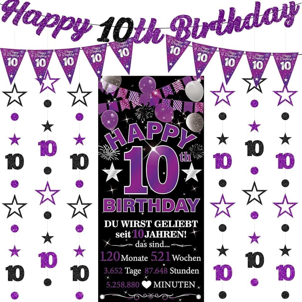 10 Geburtstag Junge Mädchen Deko - 9 Stück Lila Geburtstagsdeko