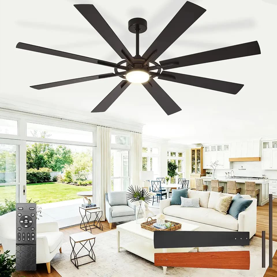 Large Ceiling Fans with Lights: Modern 72 Inch 8 Blade Outdoor Ceiling Fan with Remote Control - Dimmable Black Big Fan Light Indoor Reversible 6 Speed Quiet DC Motor