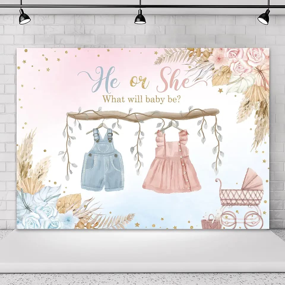 Gender Reveal Backdrop Baby Shower He or She Pink Party Decorations 7x5ft