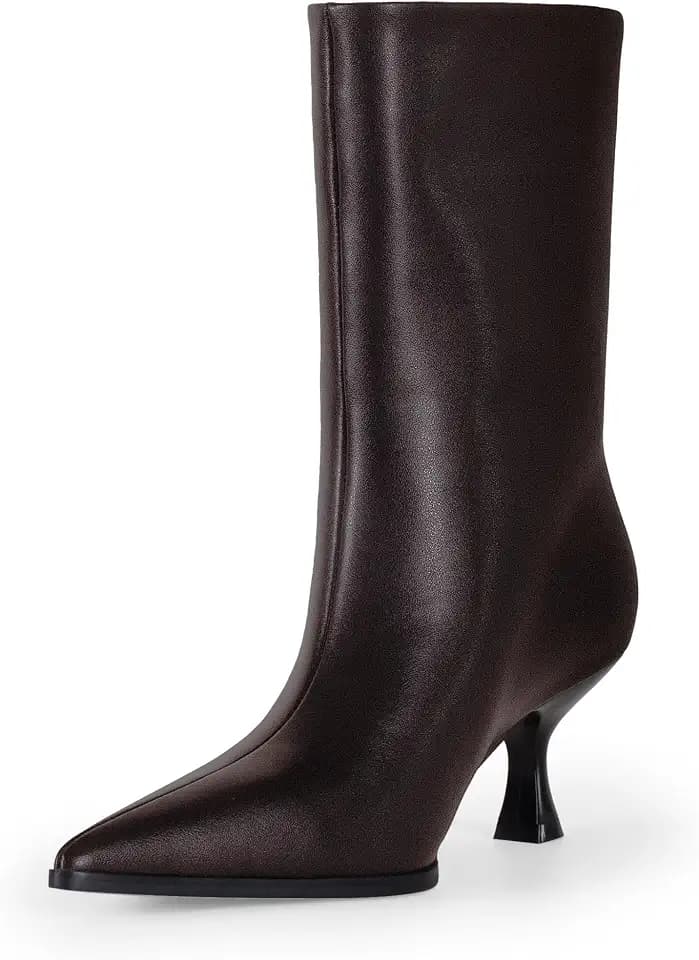 LACIKOSZ Womens Kitten Heel Boots, Pointed Toe Stiletto Faux Leather Mid Calf Ankle Booties for Women, Elegant Dress Boots for Fall & Winter Outfits