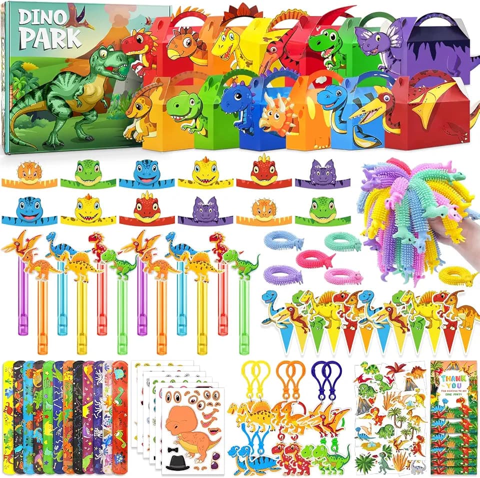 12 Pack Dinosaur Birthday Party Favors Decorations Supplies for Kids, Dino Theme Goodie Bags Fillers with Silicone Fidget Stretch Toys, 3D Dino Boxes, Bubble Wands, Hats, Slap Bracelets, Stickers
