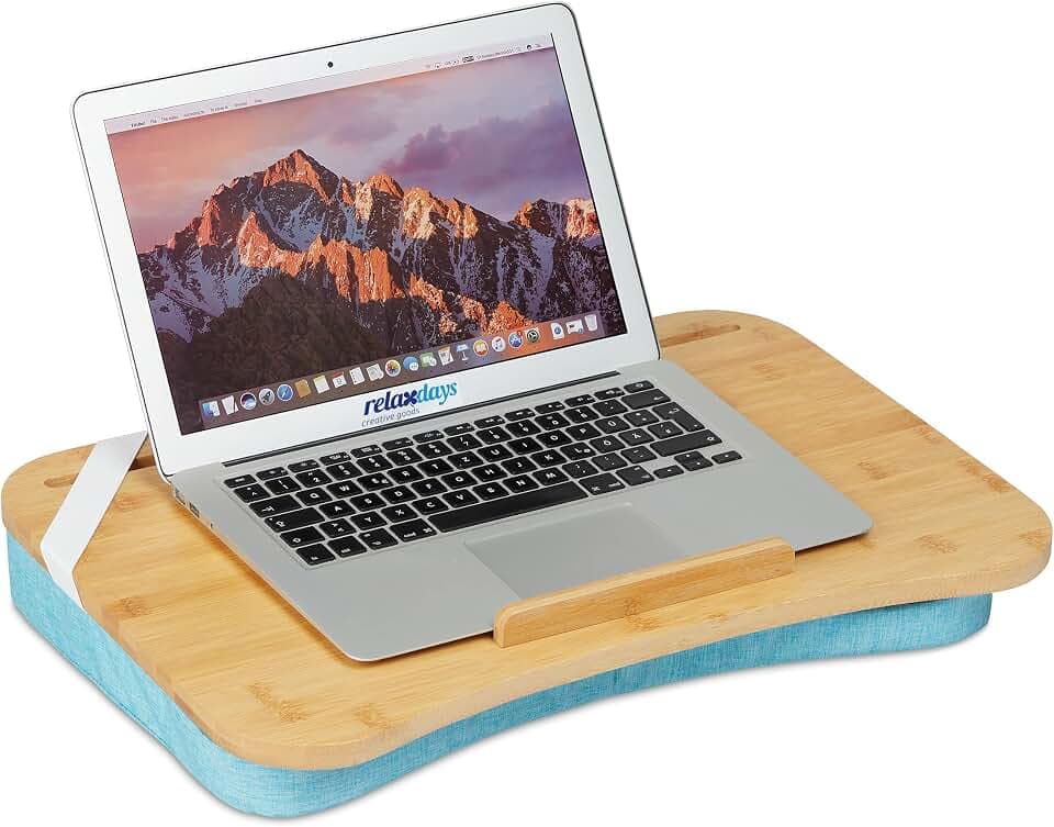 Relaxdays Laptopkissen, Bambus, Memory Foam Kissen, BxT: 51 x 36 cm, Tragegriff, Kissentablett Bett & Sofa, Natur/blau