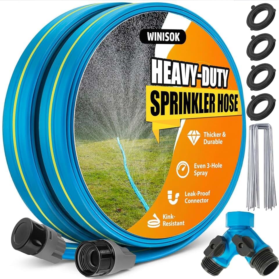 Winisok Upgrade Flat Sprinkler Soaker Hose for Garden, Heavy Duty 3-Tube Lawn Irrigation Hose with Landscape Stakes, No-Kink Flexible Watering Hose for Yard, Plants (50FT x 2Packs)