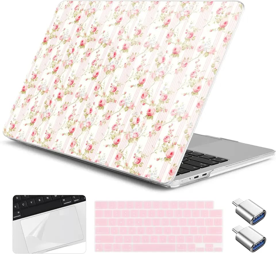for MacBook Air 15 inch Case 2026 2025-2023 M5 M4 M3 M2 Released A3448 A3241 A3114 A2941, Hard Shell Laptop Case with Keyboard Cover & Trackpad Film & 2 OTG Adapters, Rose