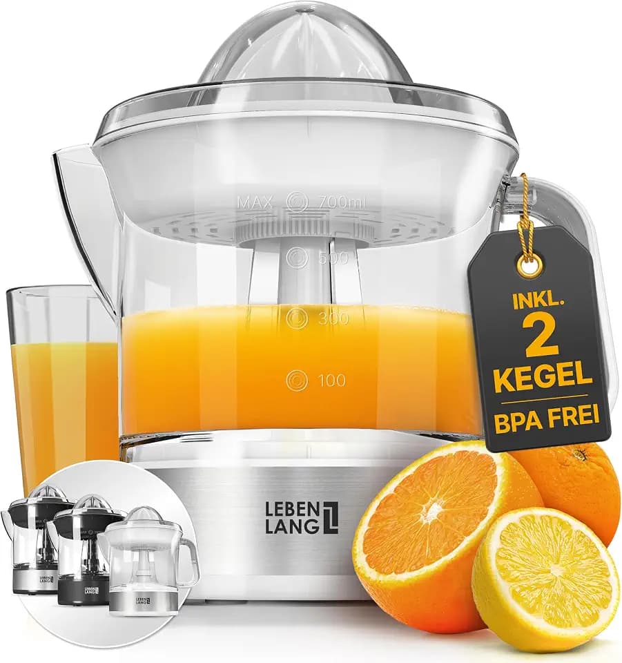 LEBENLANG Zitruspresse elektrisch - 2 Kegel & BPA-Frei & 700ml