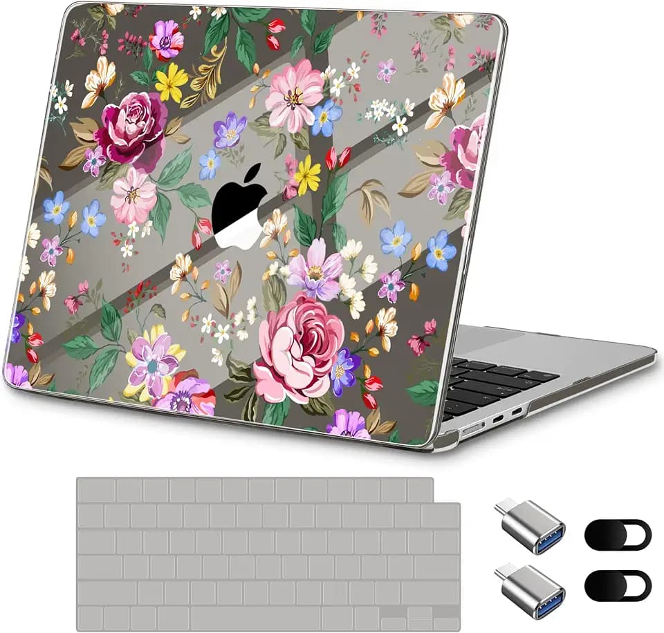 for New MacBook Air 13 inch Case 2026 M5 2025 M4 2024 M3 Chip– Aesthetic Lightweight Floral Design Clear Hard Shell 6-in-1 Bundle with TPU Keyboard Cover & 2X OTG Adapters, Bright Flowers