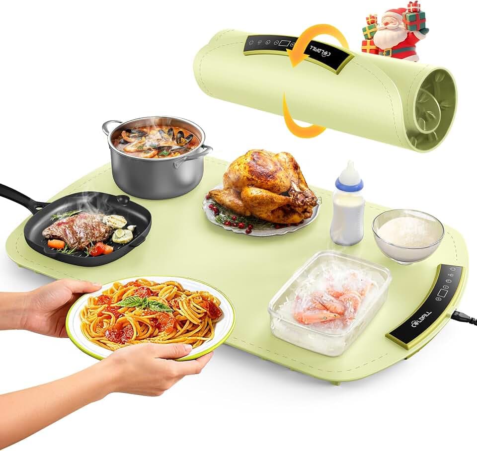 Warming Mat for Food, Electric Food Warming Mat with 8 Temp Level and 4H Timer, Silicone Chafing Dishes(24"x16"), Rollable & Portable Warming Trays for Buffets Party (Green)
