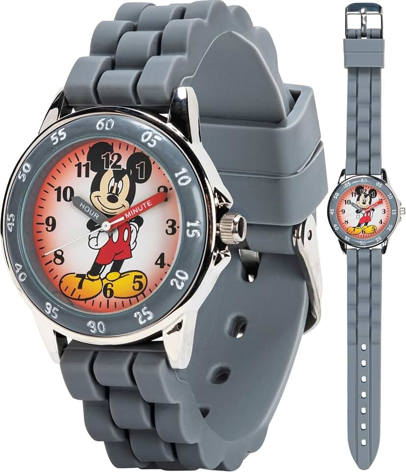 Mickey Mouse Kids Analog Time Teacher Watch, Easy-Read Dial, Fun Educational Watch, Silicone Strap, Red, White, and Grey Options
