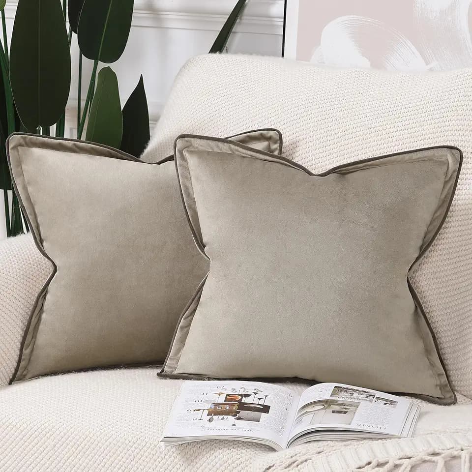 MADIZZ Set of 2 Velvet Fringed Throw Pillow Covers 20x20 Inch Light Taupe Soft Decorative Cushion Cover for Sofa Bedroom Pillow Shell