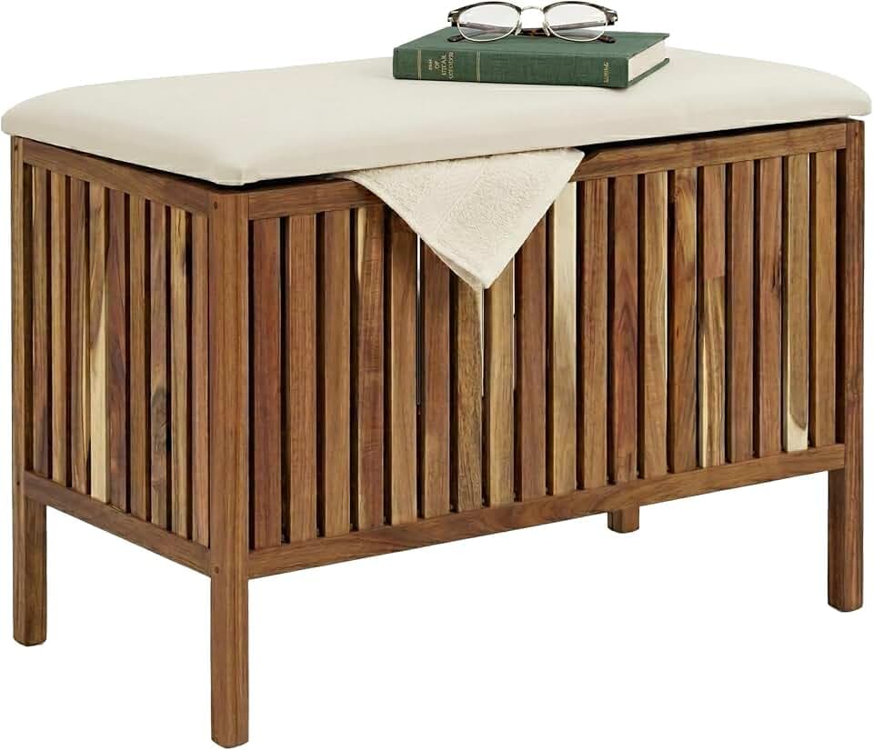Relaxdays Wäschetruhe mit Sitz, Badbank mit Stauraum, braun/weiß