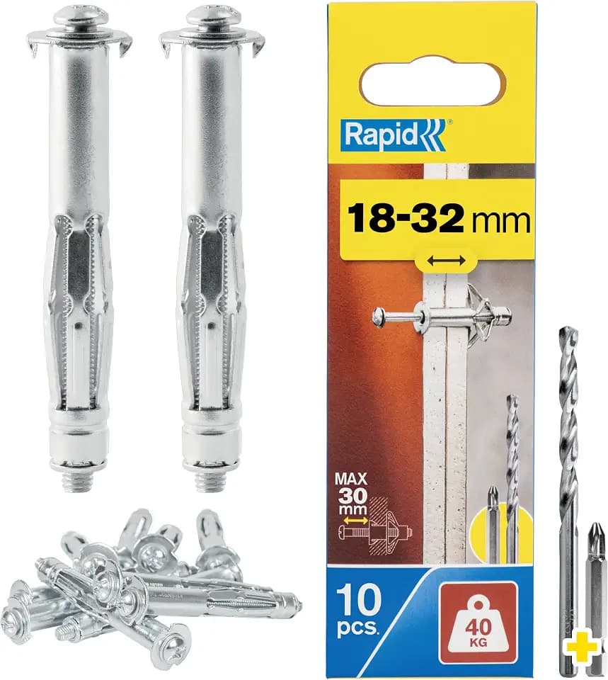 Rapid Metall-Hohlraumdübel M5 mit Schraube für Gipskarton 18–32 mm | Bis 40 kg belastbar; für zweilagige Gipskarton-, Span- & Faserplatten; 18-32 mm Wand; M5; 10 Stück; inkl. Bohrer und PH2-Bit