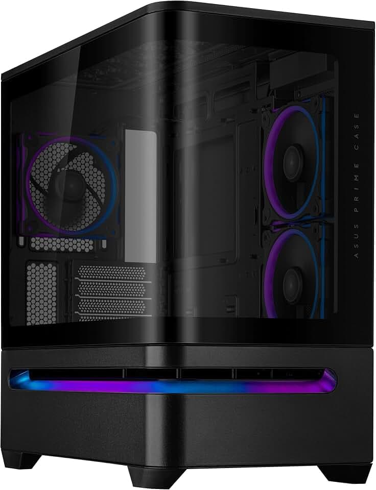 ASUS Prime AP202 ARGB schwarzes mATX-PC-Gehäuse mit vollständig gehärtetem gebogenem Glas, unterstützt Grafikkarten bis zu 420 mm lang, 360 mm Lange Heizkörper, leicht abnehmbare Schiene, patentierte