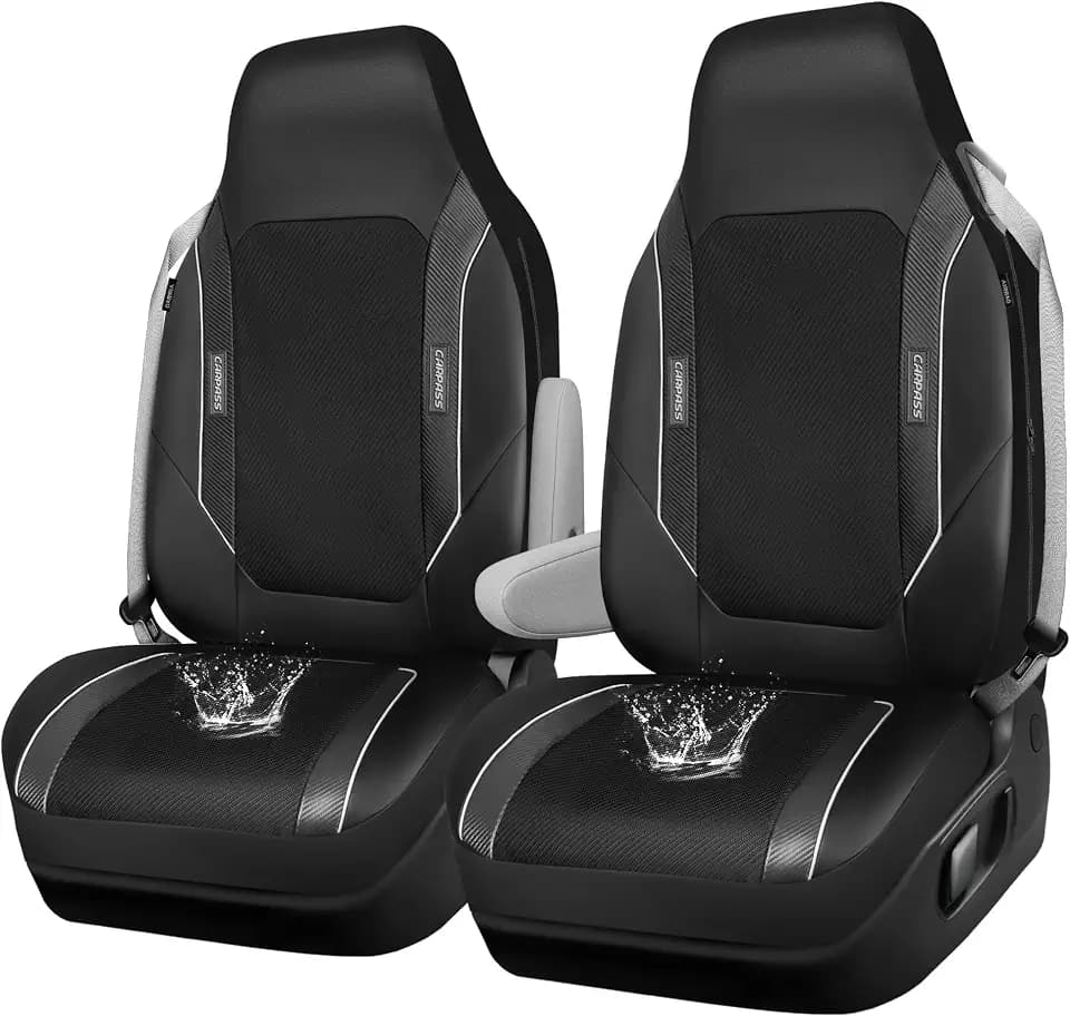 CAR-Grand Sporty High Back 3D Oxford Waterproof Car Seat Cover Two Front, Bucket Carbon Fiber Leather Seat Cover, Built-in Seat Belt Armrest Compatible Fit for Sports Car SUV Sedan Truck All Black