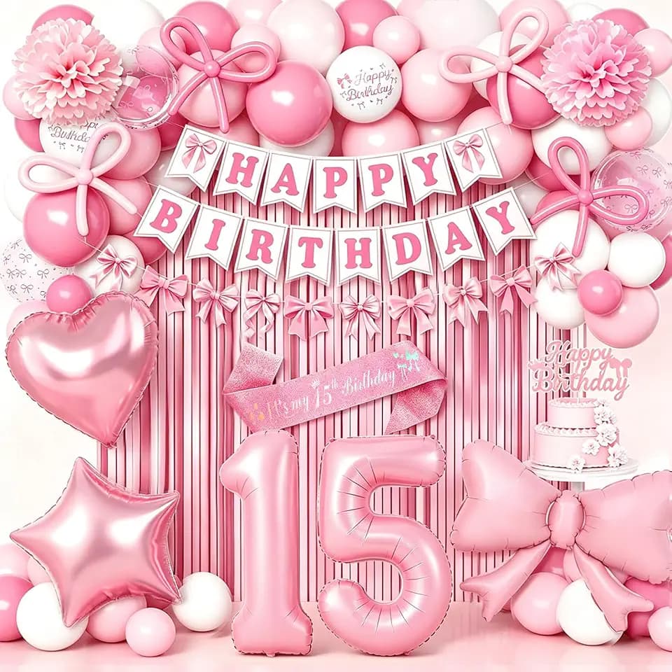 15th Birthday Decorations for Girls, Pink Bow Happy Birthday Banner, Balloons, Cake Topper, Sash, Number 15 Balloon Fringe Curtain Paper Pom Poms Happy 15th Birthday Party Decorations for Girls Pink
