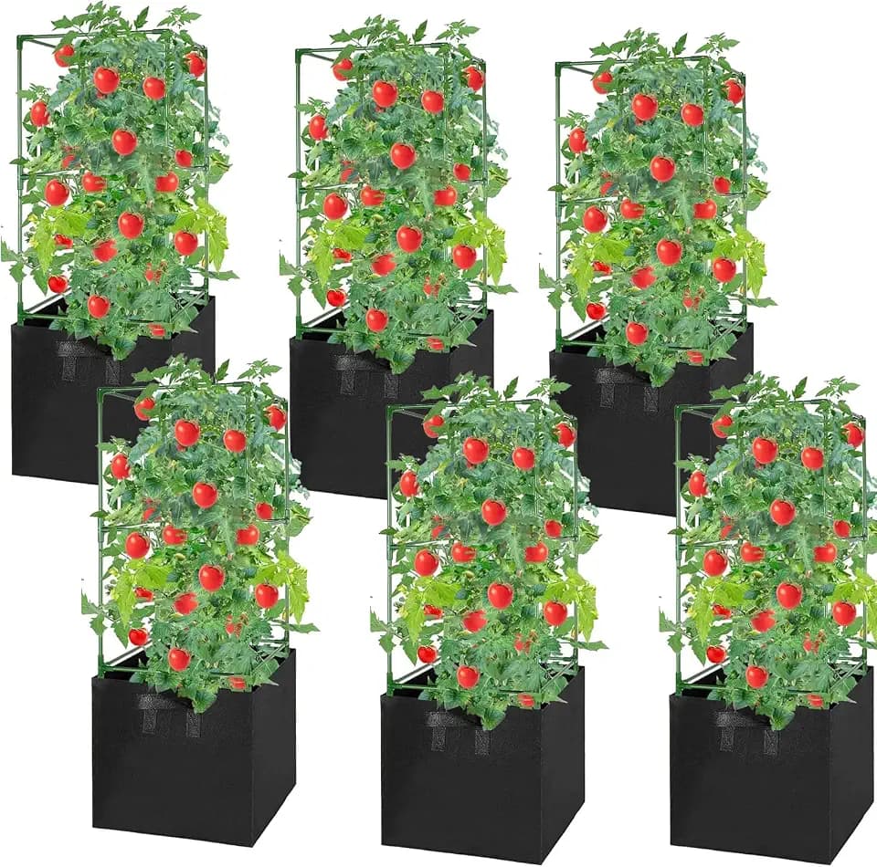 6 Pack Tomato Cages with 17 Gallon Grow Bags, 47” Heavy Duty Square Tomato Plant Stakes Support Cages Trellis for Garden Climbing Vegetables Flowers Fruits (47IN Tall, Extra-Bold)